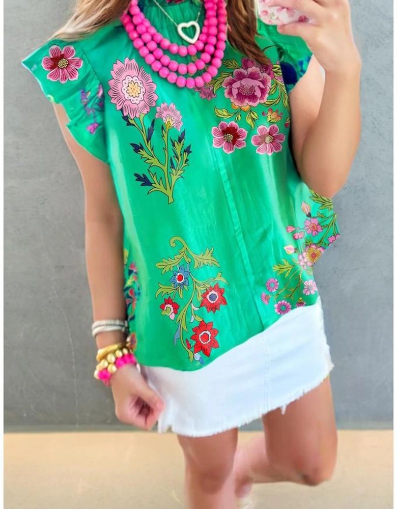 Green Floral Print Flutter Sleeve Frilly Neck Blouse