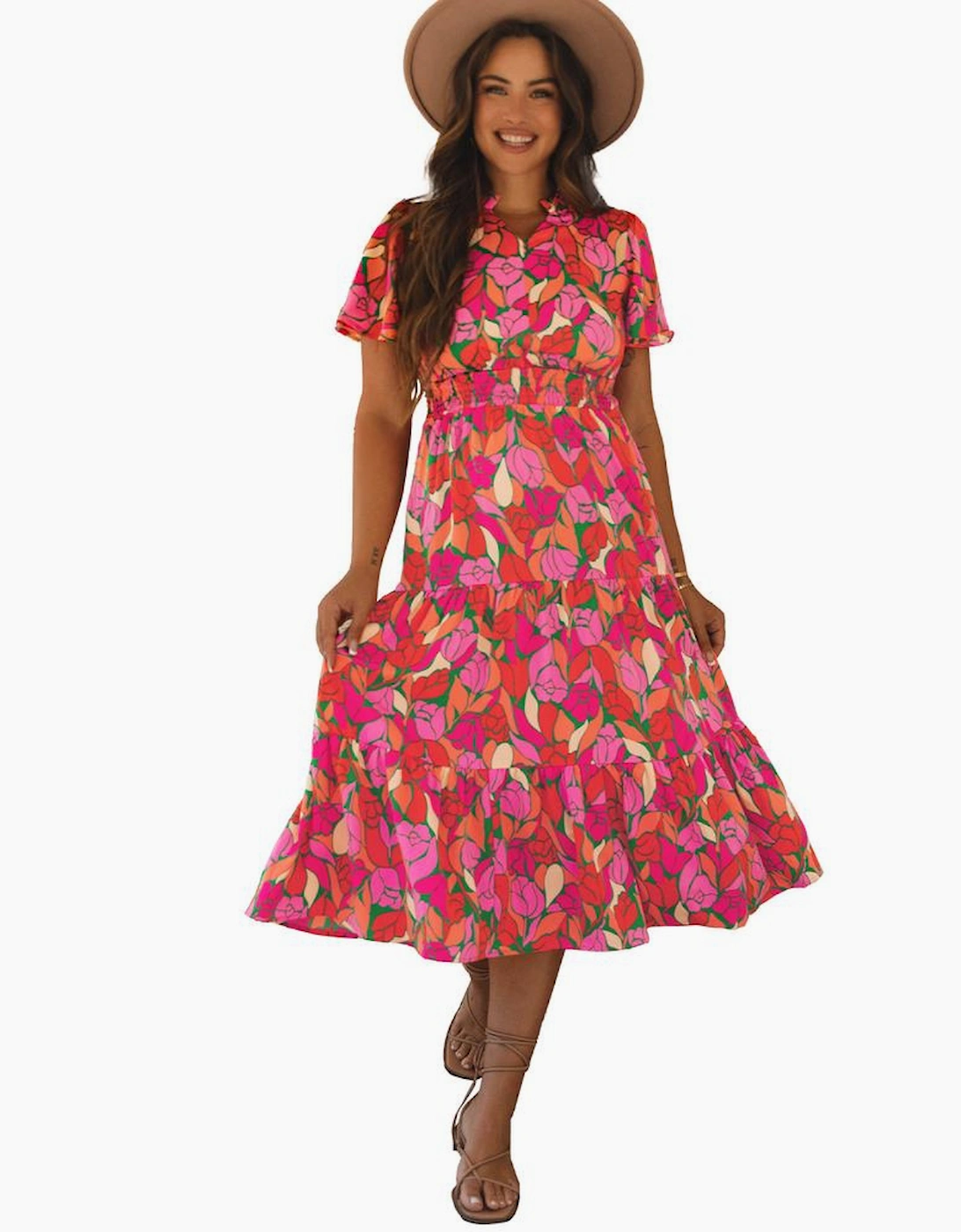 Rose Floral Short Sleeve Smocked Waist Maxi dress