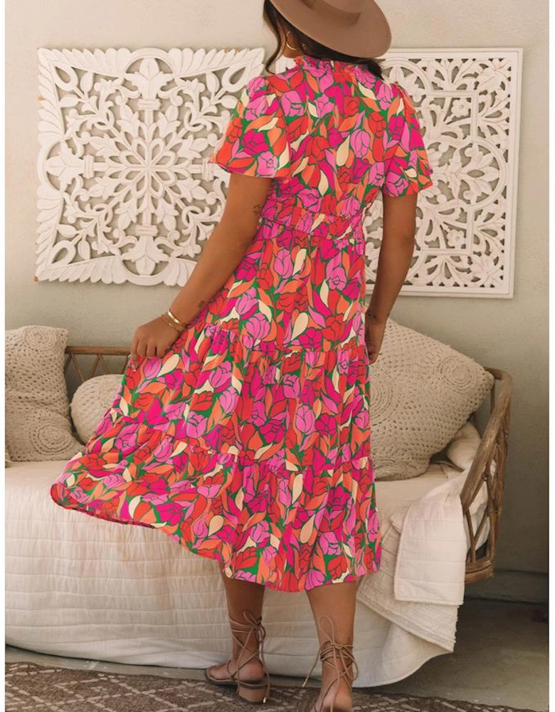 Rose Floral Short Sleeve Smocked Waist Maxi dress