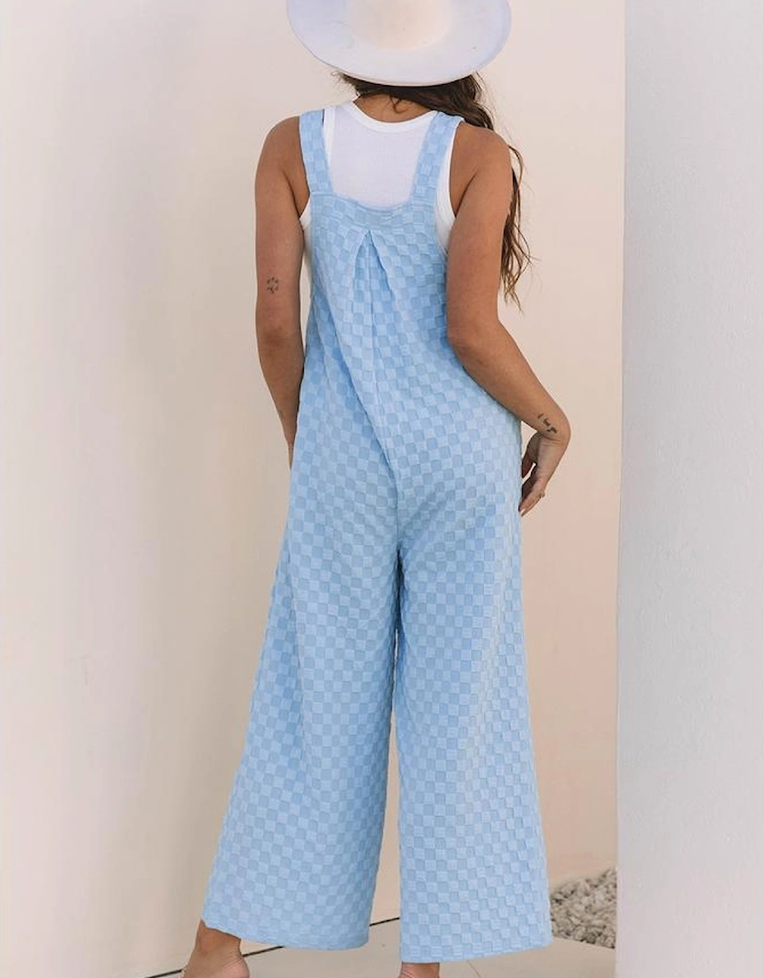 Beau Blue Checkered Pocketed High Waist Wide Leg Overall, 16 of 15
