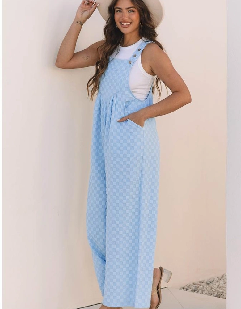 Beau Blue Checkered Pocketed High Waist Wide Leg Overall