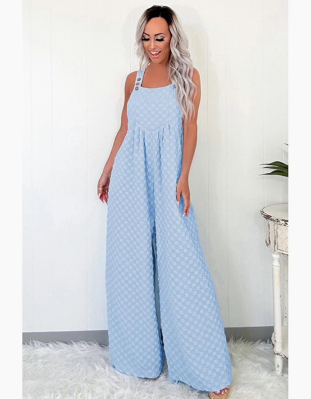 Beau Blue Checkered Pocketed High Waist Wide Leg Overall
