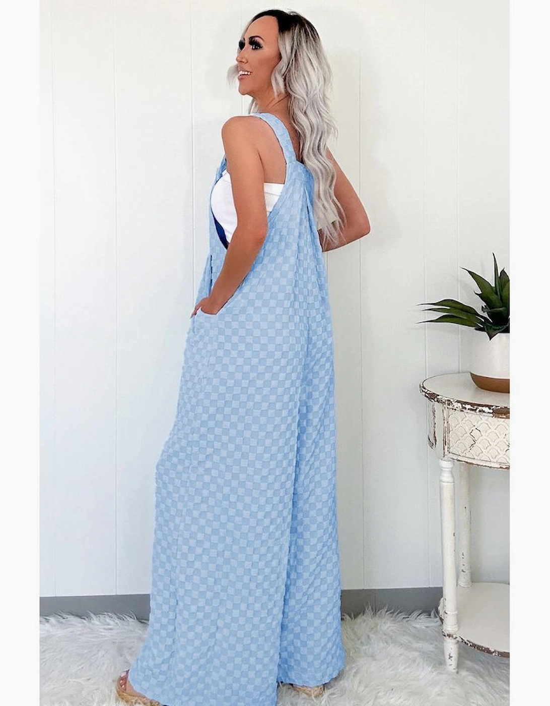 Beau Blue Checkered Pocketed High Waist Wide Leg Overall