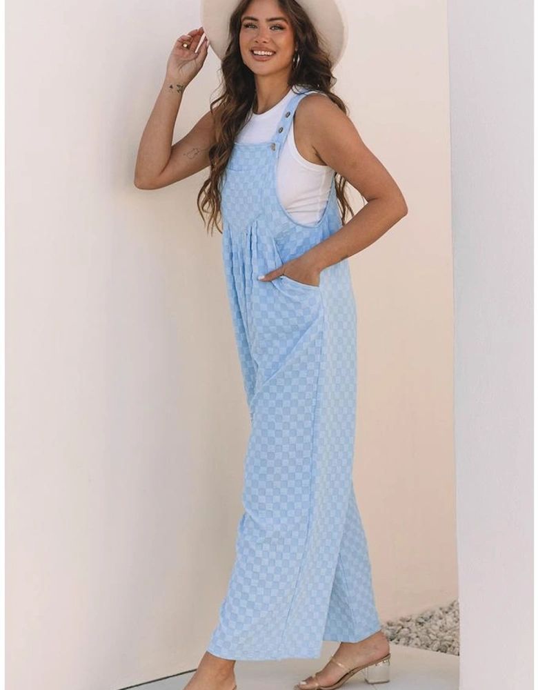 Beau Blue Checkered Pocketed High Waist Wide Leg Overall