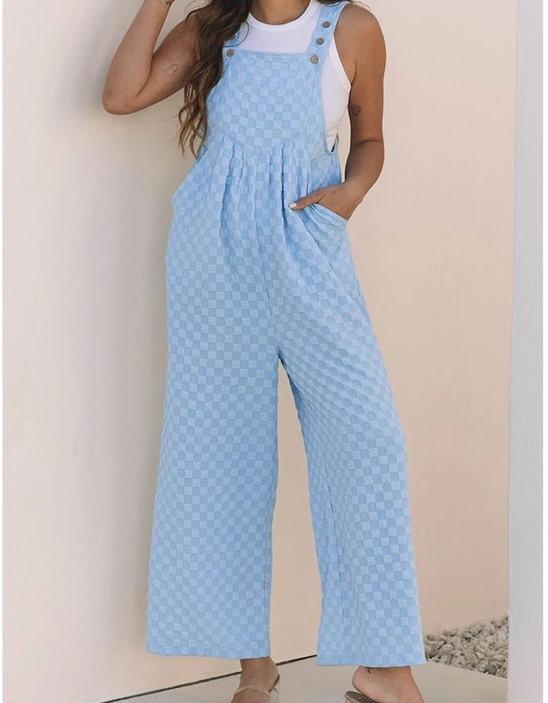 Beau Blue Checkered Pocketed High Waist Wide Leg Overall