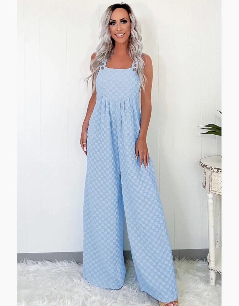 Beau Blue Checkered Pocketed High Waist Wide Leg Overall