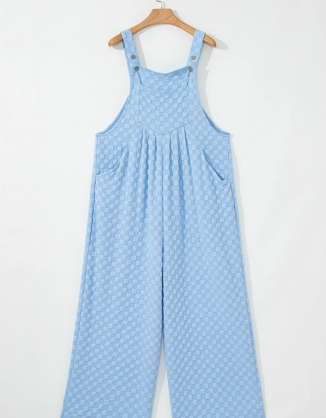 Beau Blue Checkered Pocketed High Waist Wide Leg Overall
