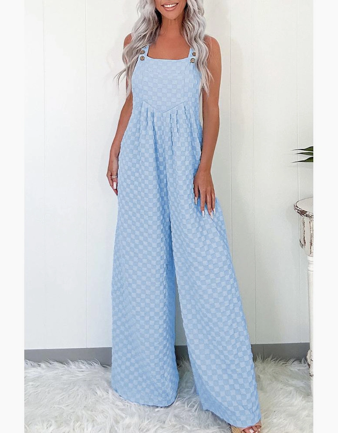 Beau Blue Checkered Pocketed High Waist Wide Leg Overall