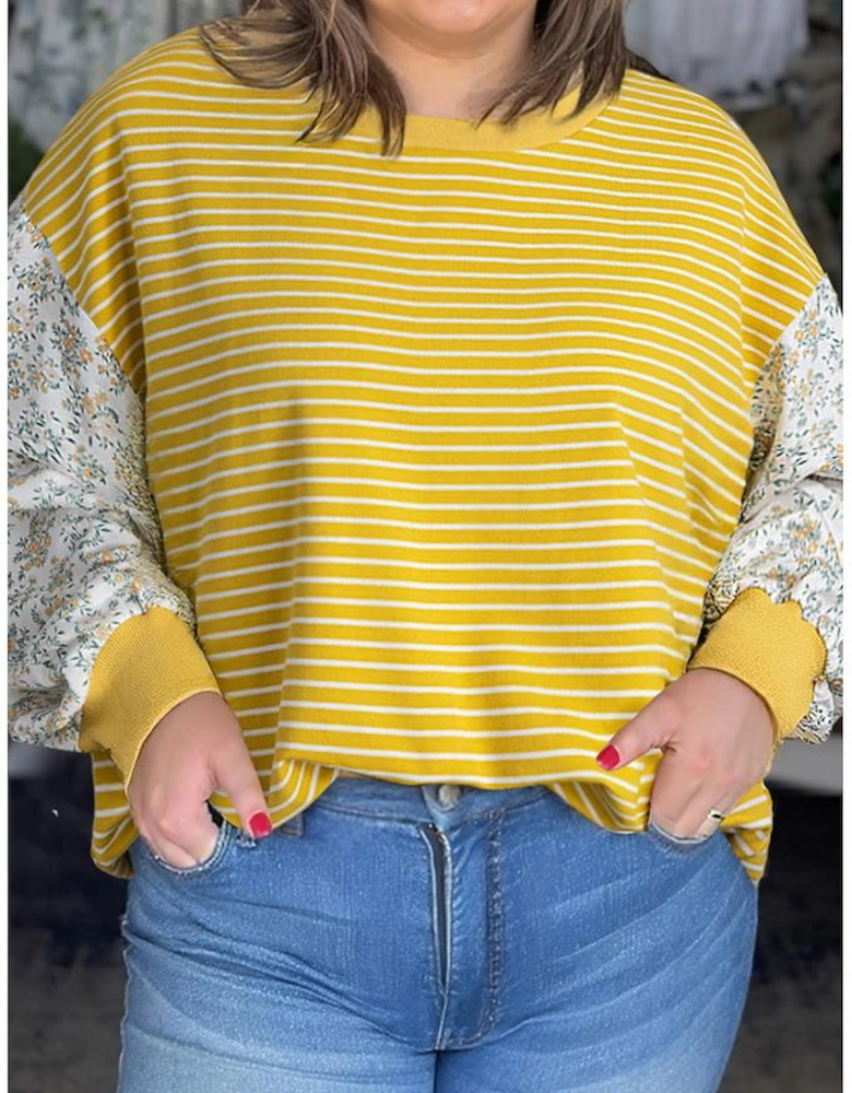 Yellow Stripe Striped Contrast Floral Sleeve Patchwork Plus Size Loose Top