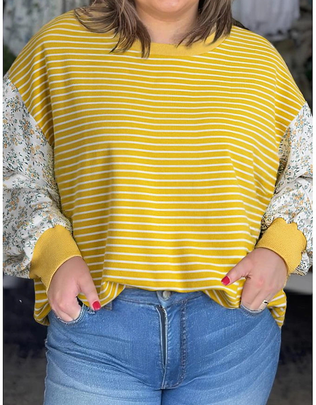 Yellow Stripe Striped Contrast Floral Sleeve Patchwork Plus Size Loose Top
