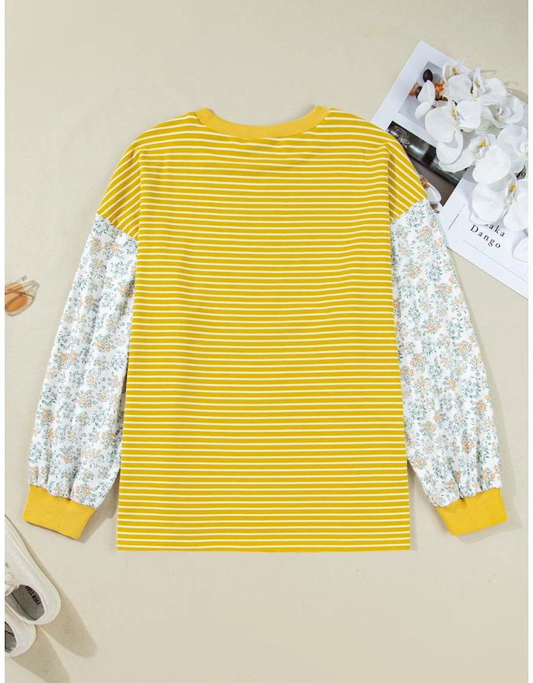 Yellow Stripe Striped Contrast Floral Sleeve Patchwork Plus Size Loose Top