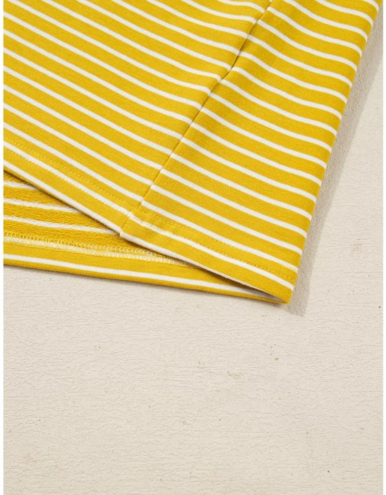 Yellow Stripe Striped Contrast Floral Sleeve Patchwork Plus Size Loose Top