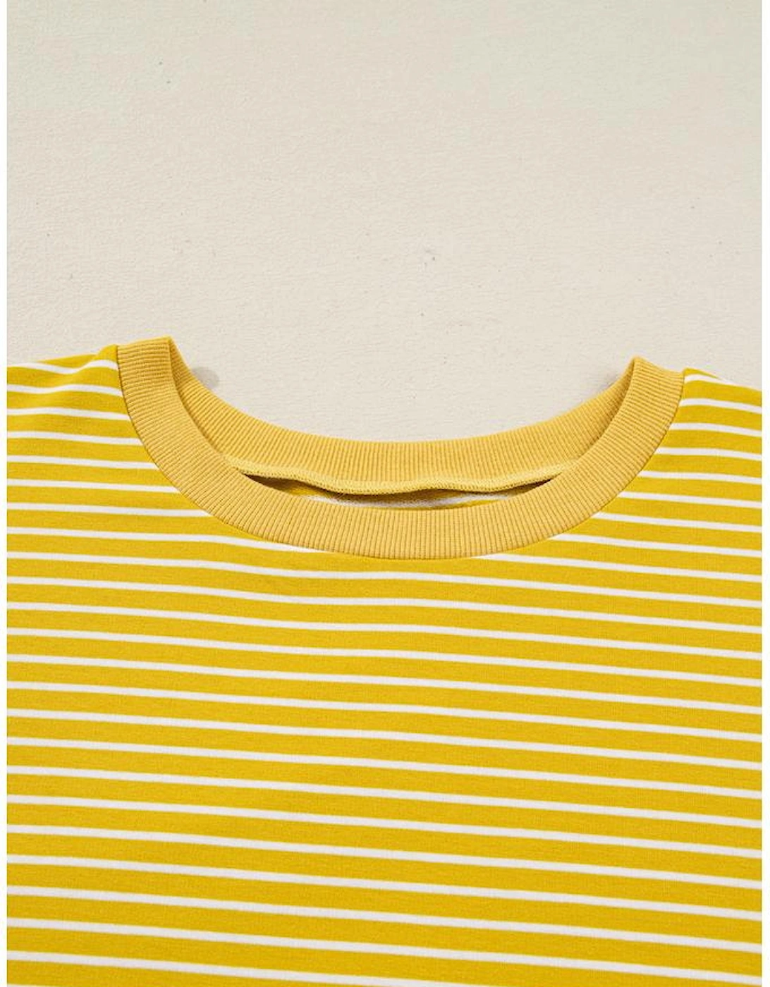 Yellow Stripe Striped Contrast Floral Sleeve Patchwork Plus Size Loose Top