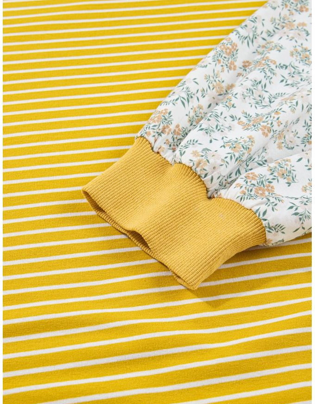 Yellow Stripe Striped Contrast Floral Sleeve Patchwork Plus Size Loose Top