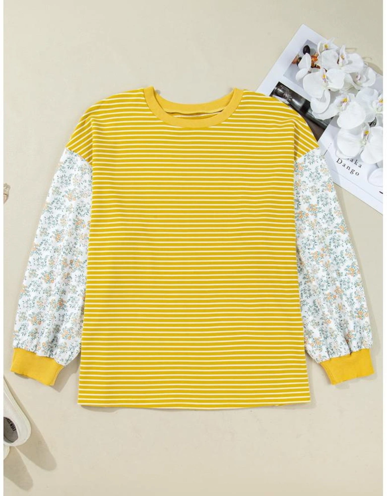 Yellow Stripe Striped Contrast Floral Sleeve Patchwork Plus Size Loose Top
