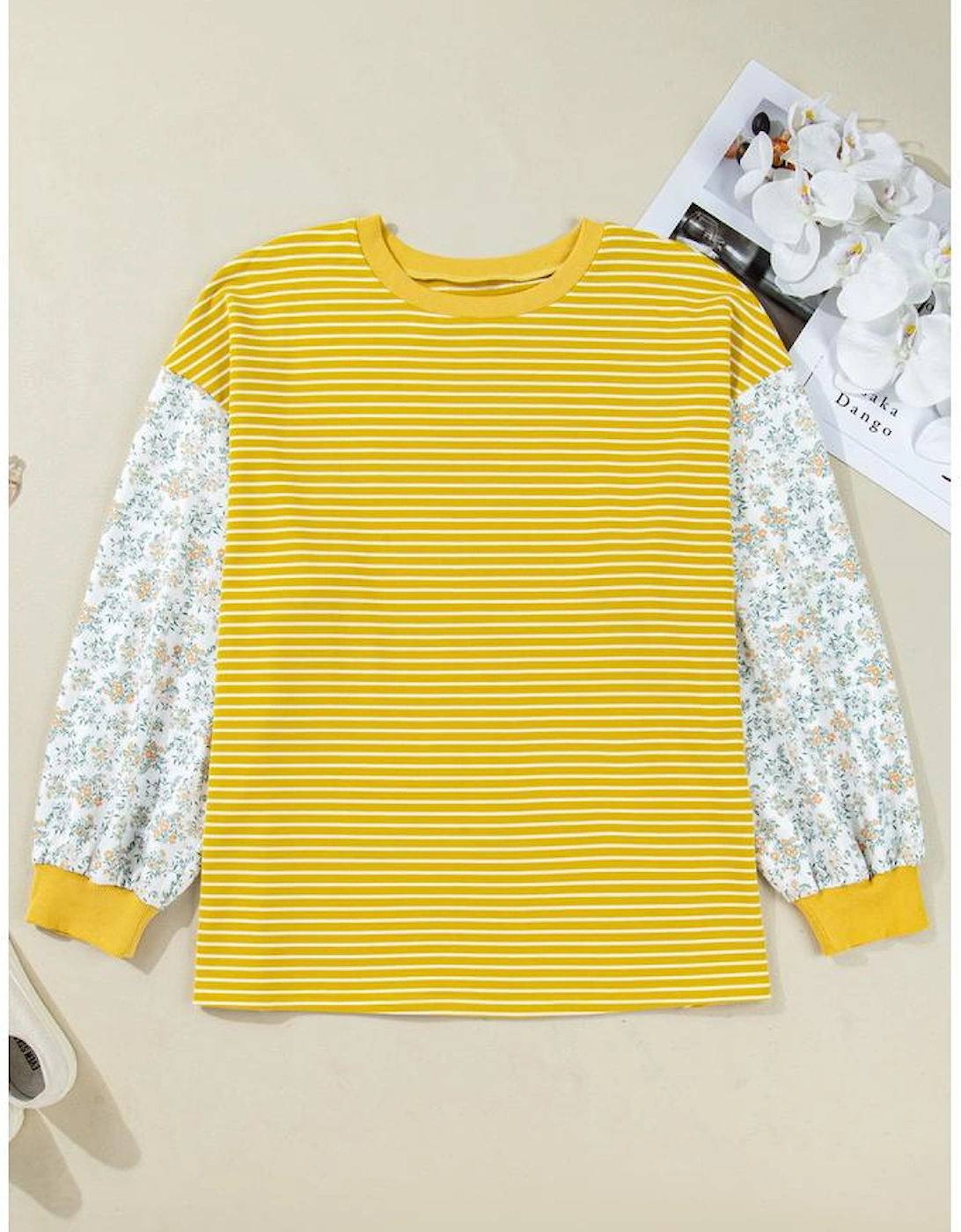 Yellow Stripe Striped Contrast Floral Sleeve Patchwork Plus Size Loose Top