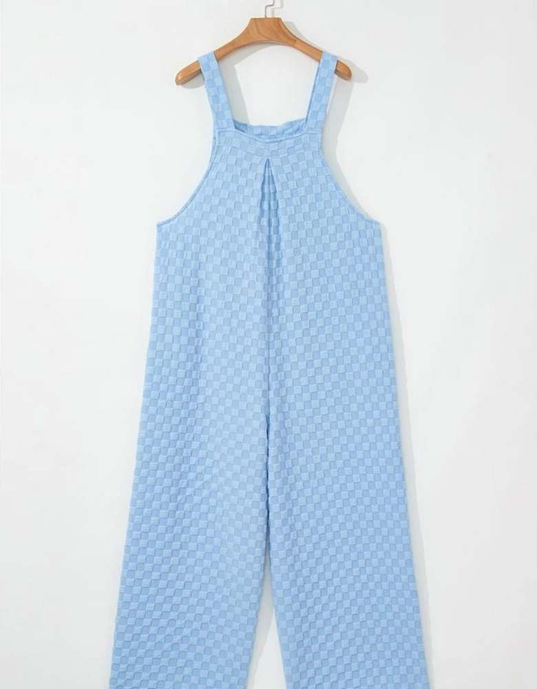 Beau Blue Checkered Pocketed High Waist Wide Leg Overall