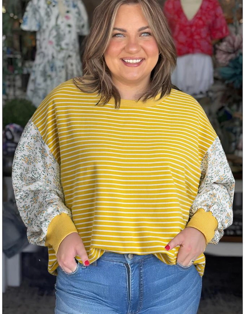 Yellow Stripe Striped Contrast Floral Sleeve Patchwork Plus Size Loose Top