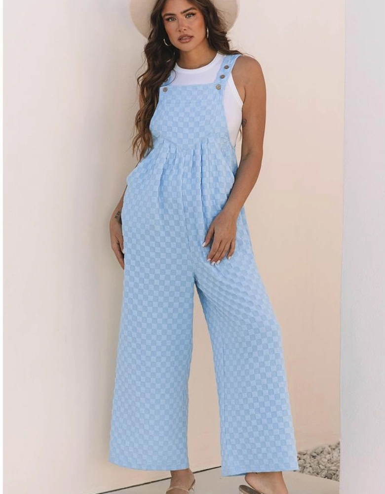 Beau Blue Checkered Pocketed High Waist Wide Leg Overall