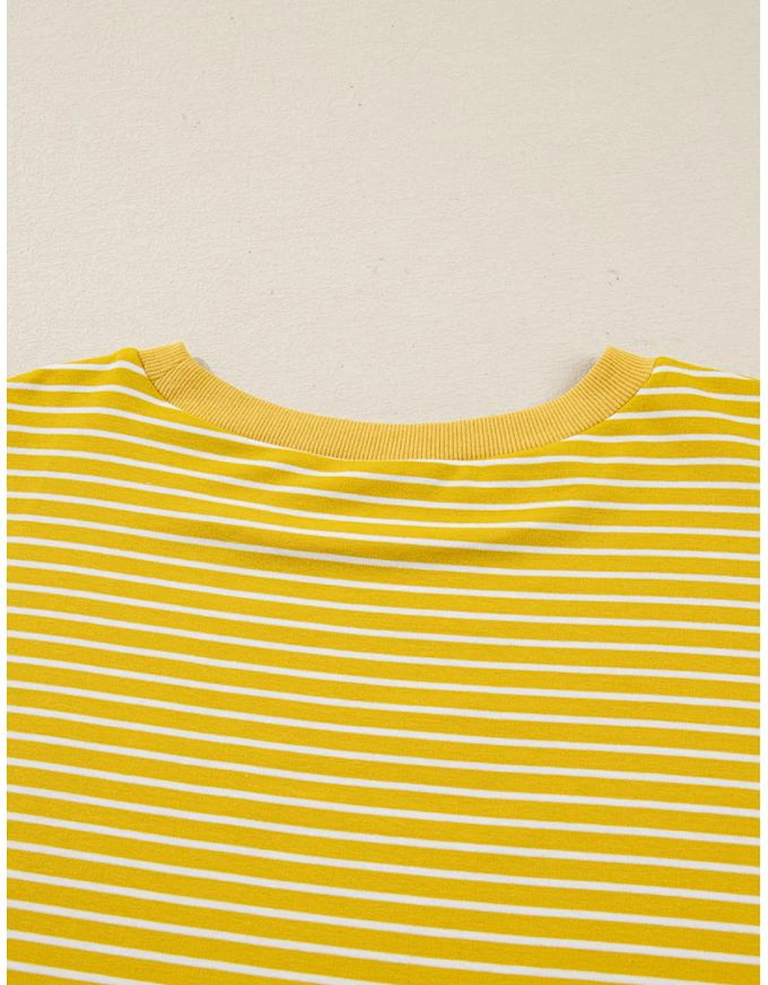 Yellow Stripe Striped Contrast Floral Sleeve Patchwork Plus Size Loose Top