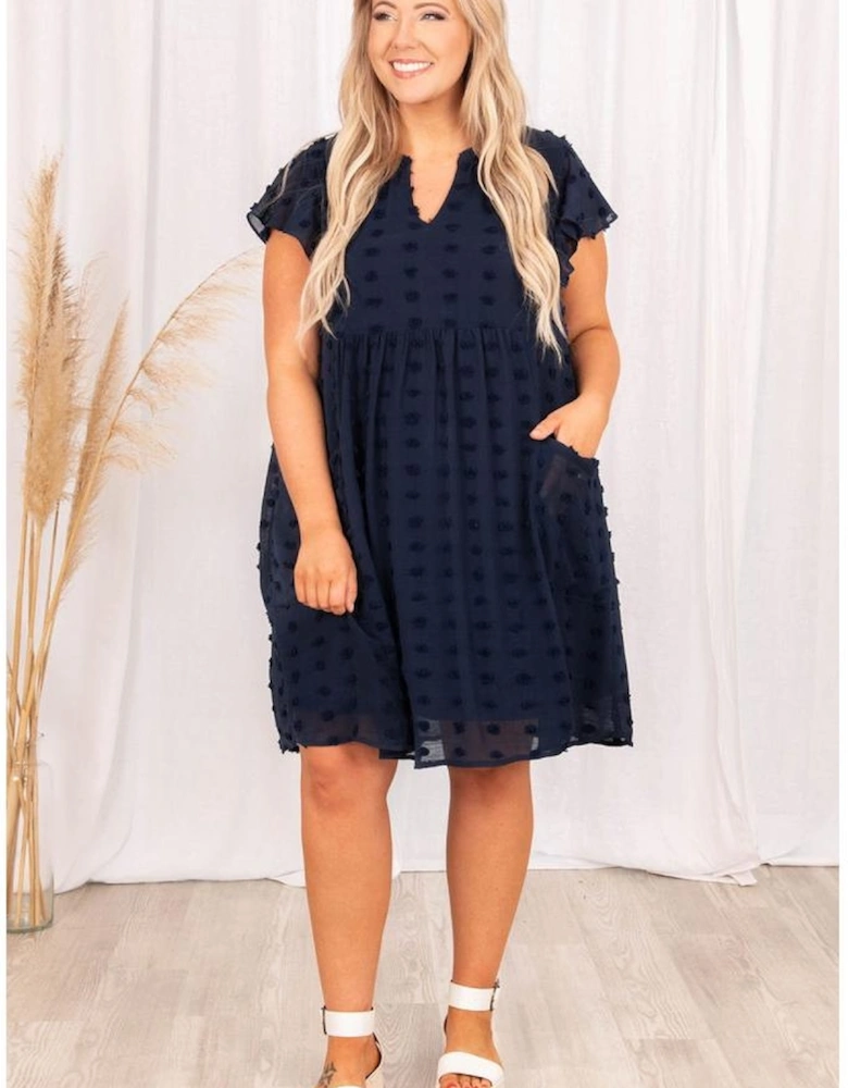 Navy Blue Dotty Textured Notched Neck Plus Ruffled Dress