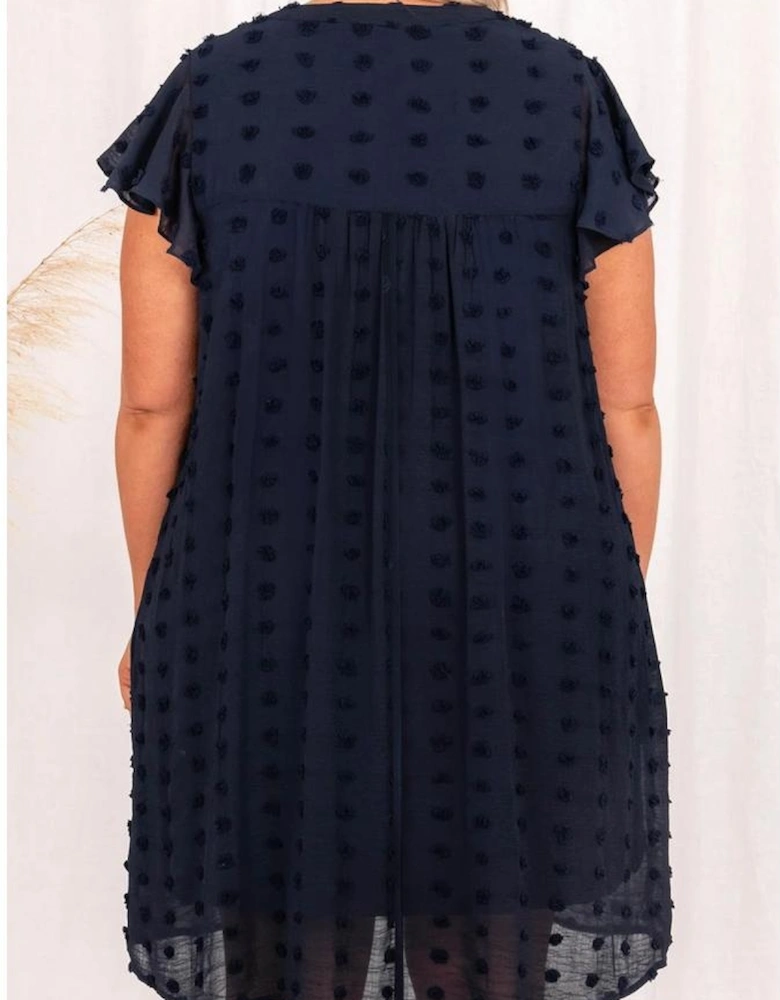 Navy Blue Dotty Textured Notched Neck Plus Ruffled Dress