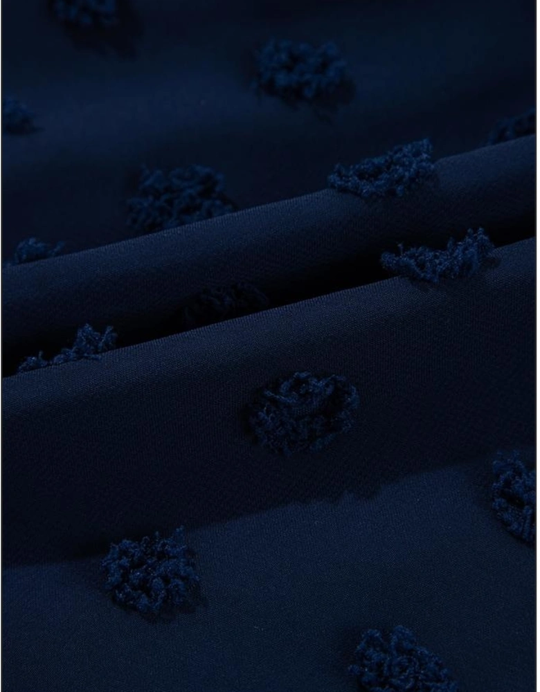 Navy Blue Dotty Textured Notched Neck Plus Ruffled Dress