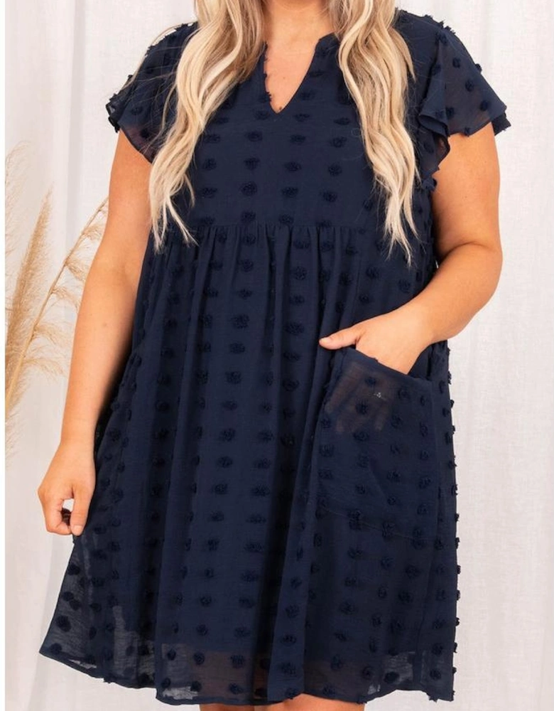 Navy Blue Dotty Textured Notched Neck Plus Ruffled Dress