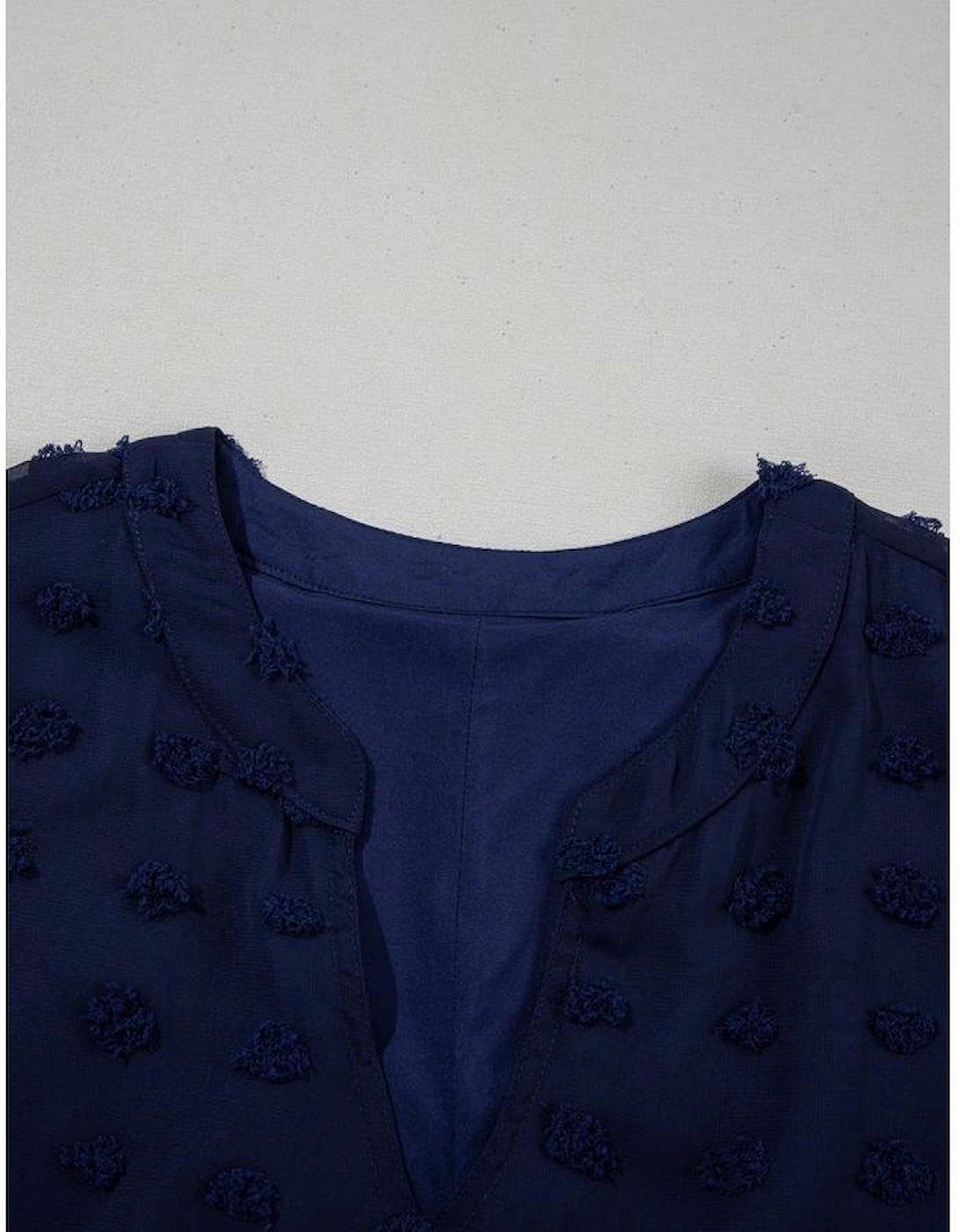 Navy Blue Dotty Textured Notched Neck Plus Ruffled Dress