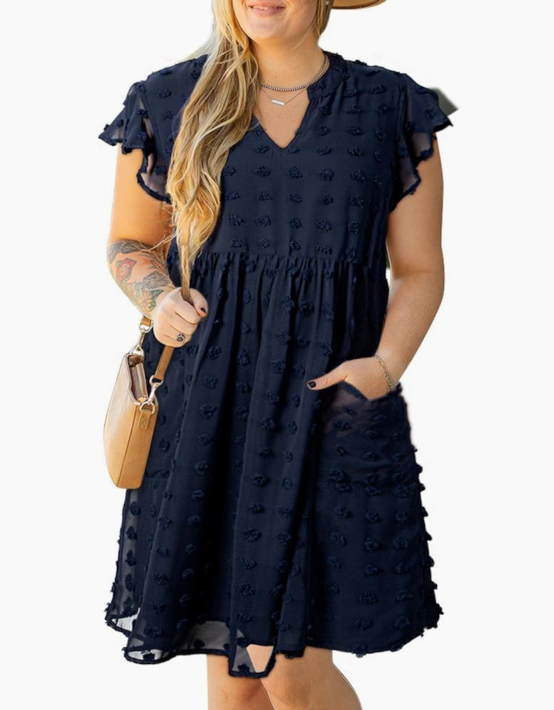 Navy Blue Dotty Textured Notched Neck Plus Ruffled Dress