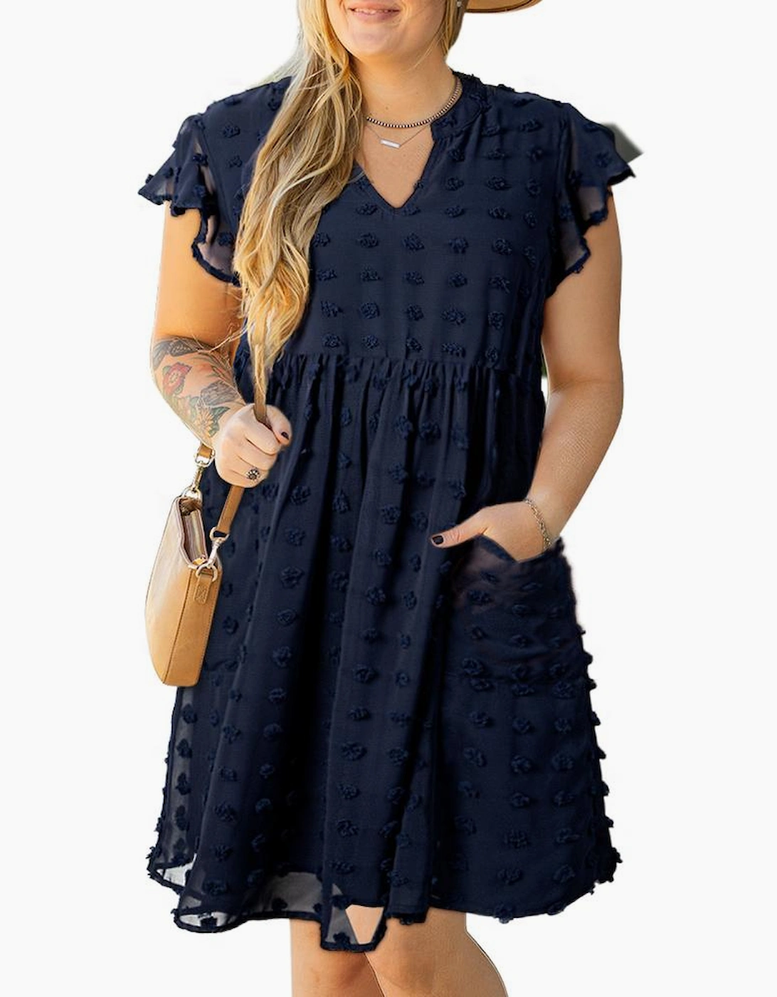 Navy Blue Dotty Textured Notched Neck Plus Ruffled Dress