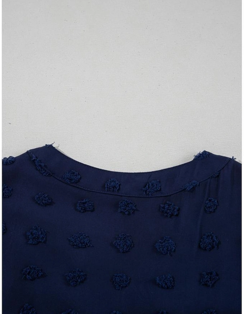 Navy Blue Dotty Textured Notched Neck Plus Ruffled Dress