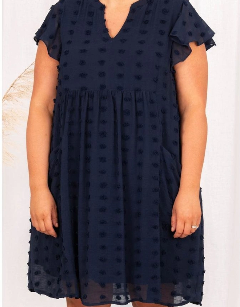 Navy Blue Dotty Textured Notched Neck Plus Ruffled Dress