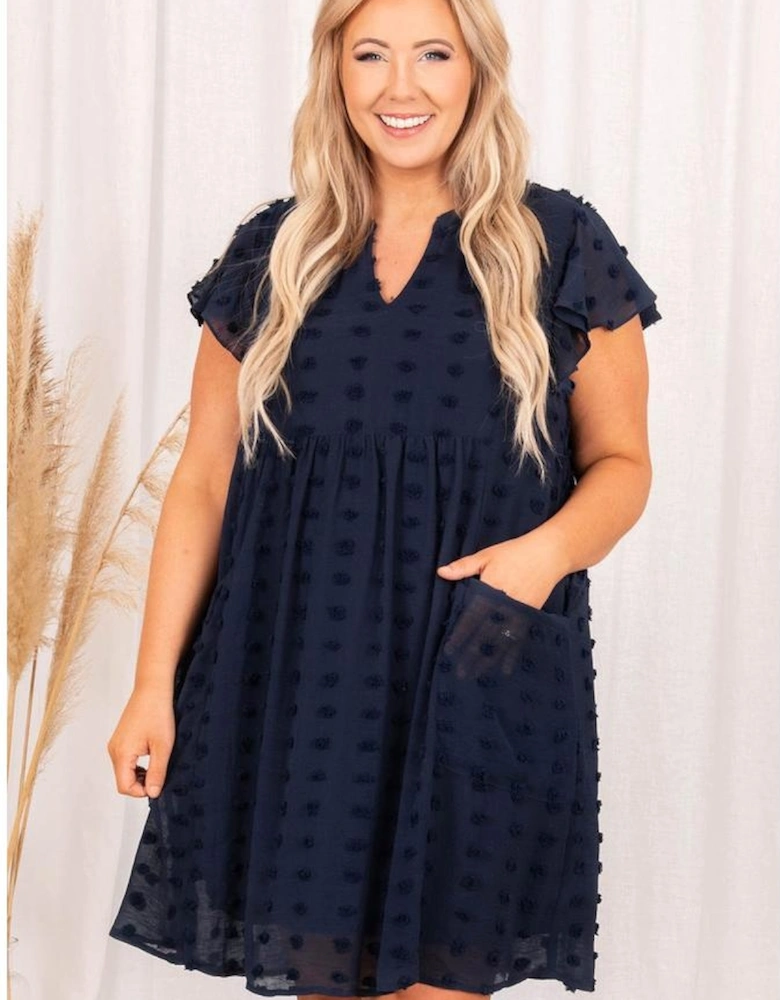 Navy Blue Dotty Textured Notched Neck Plus Ruffled Dress