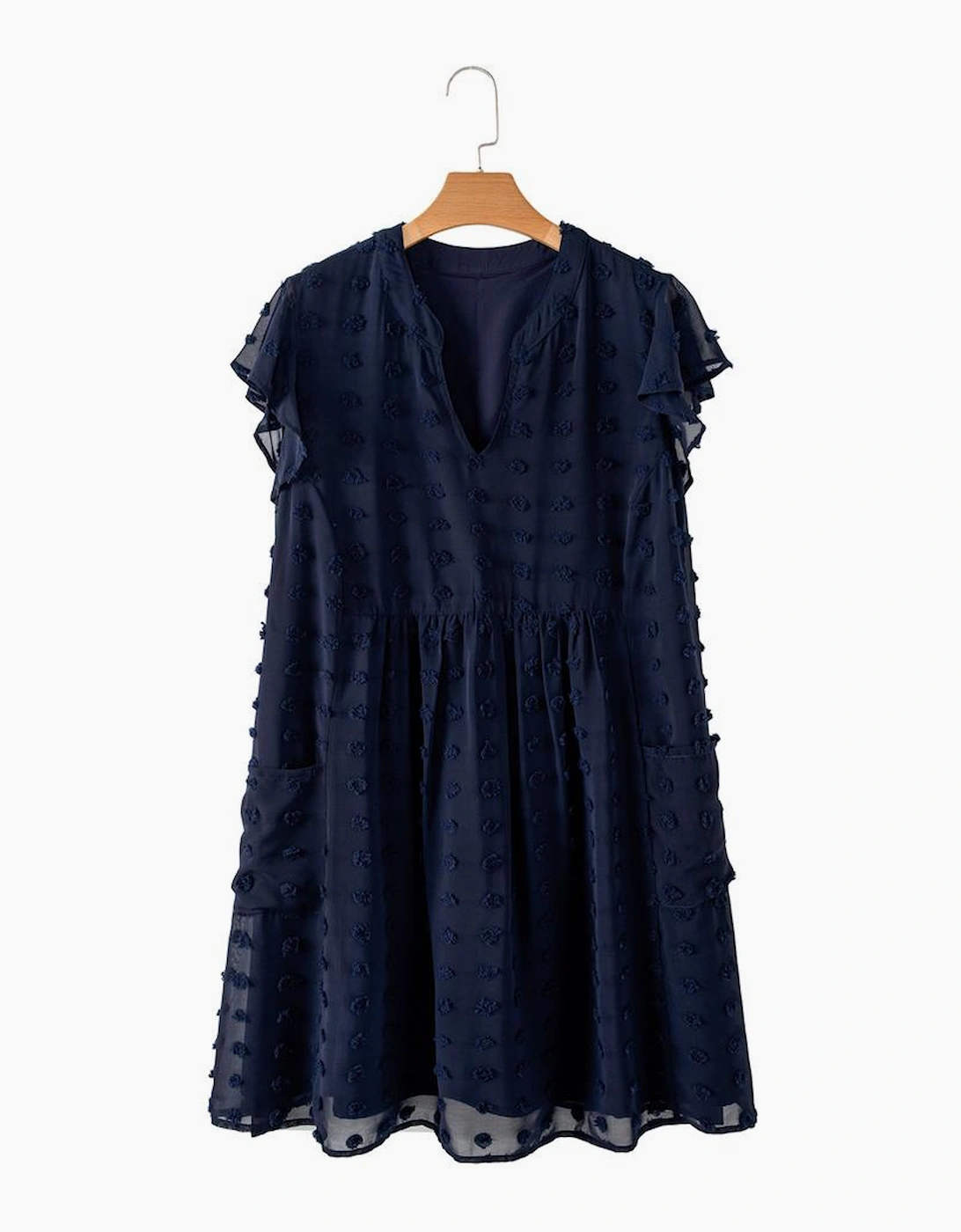 Navy Blue Dotty Textured Notched Neck Plus Ruffled Dress