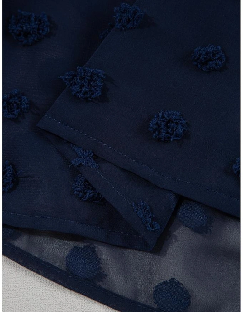 Navy Blue Dotty Textured Notched Neck Plus Ruffled Dress