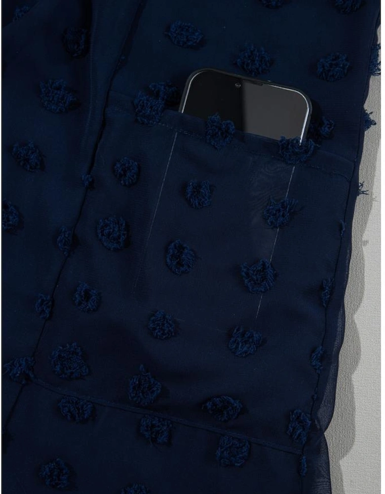 Navy Blue Dotty Textured Notched Neck Plus Ruffled Dress