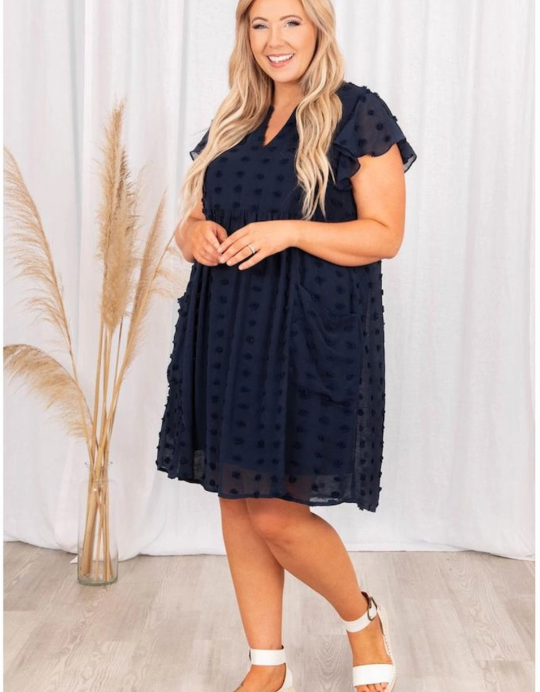 Navy Blue Dotty Textured Notched Neck Plus Ruffled Dress