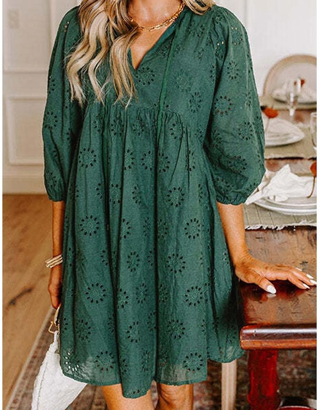 Blackish Green Embroidered Eyelet Pattern 3/4 Puffy Sleeve Swing Mini Dress