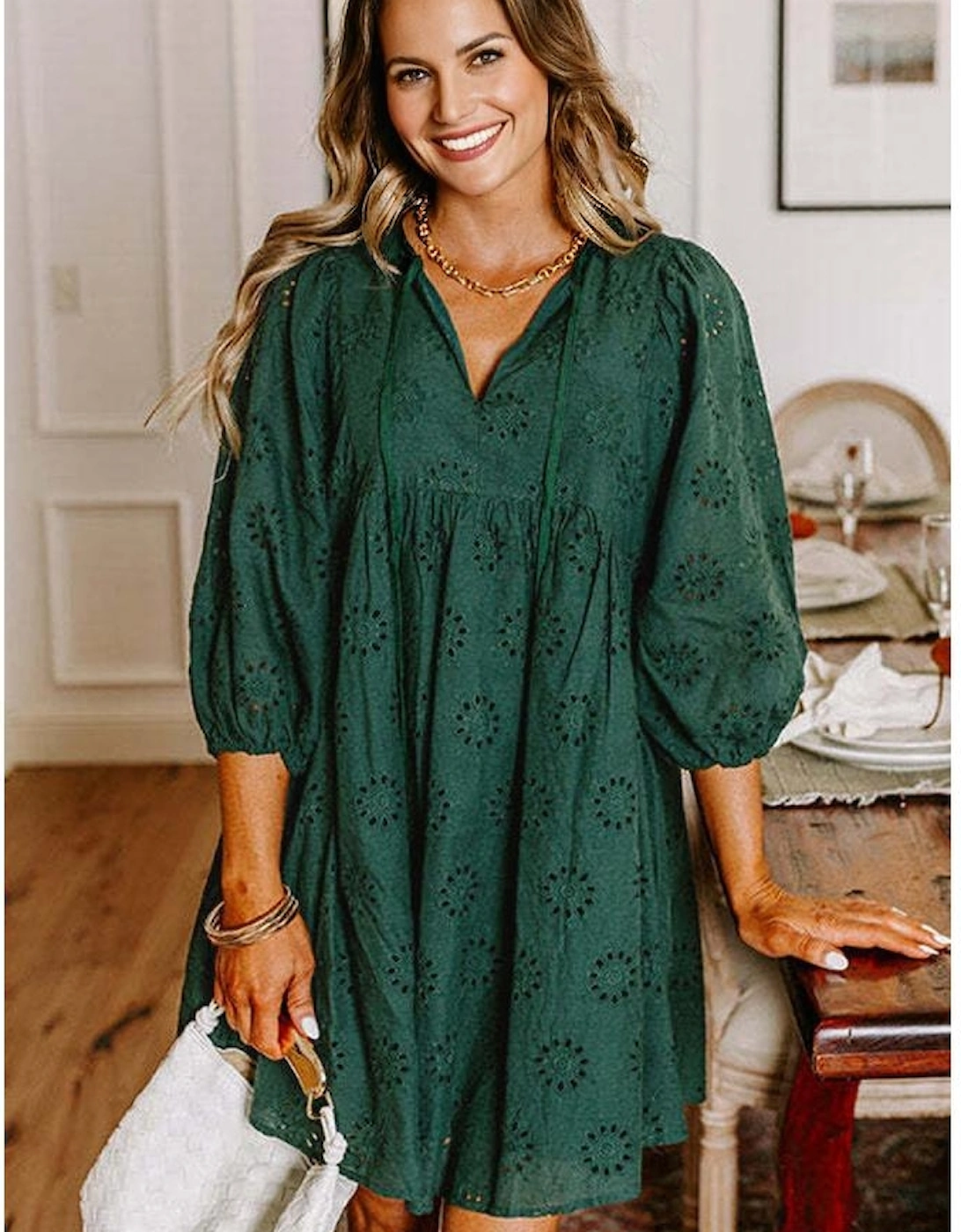 Blackish Green Embroidered Eyelet Pattern 3/4 Puffy Sleeve Swing Mini Dress