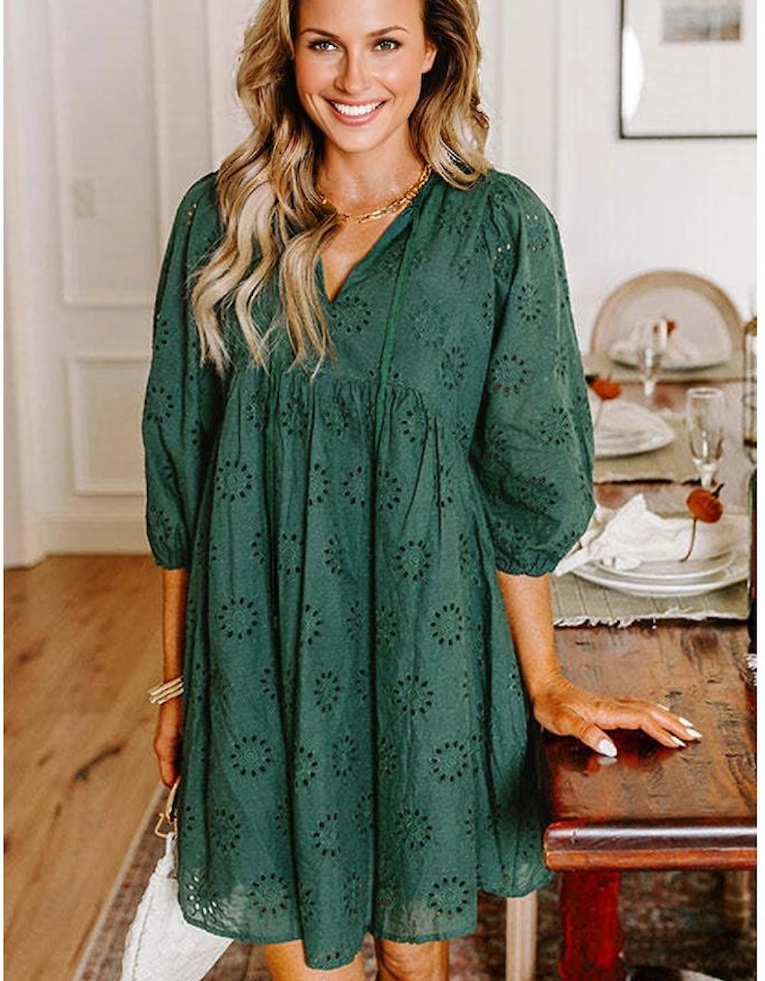 Blackish Green Embroidered Eyelet Pattern 3/4 Puffy Sleeve Swing Mini Dress, 5 of 4