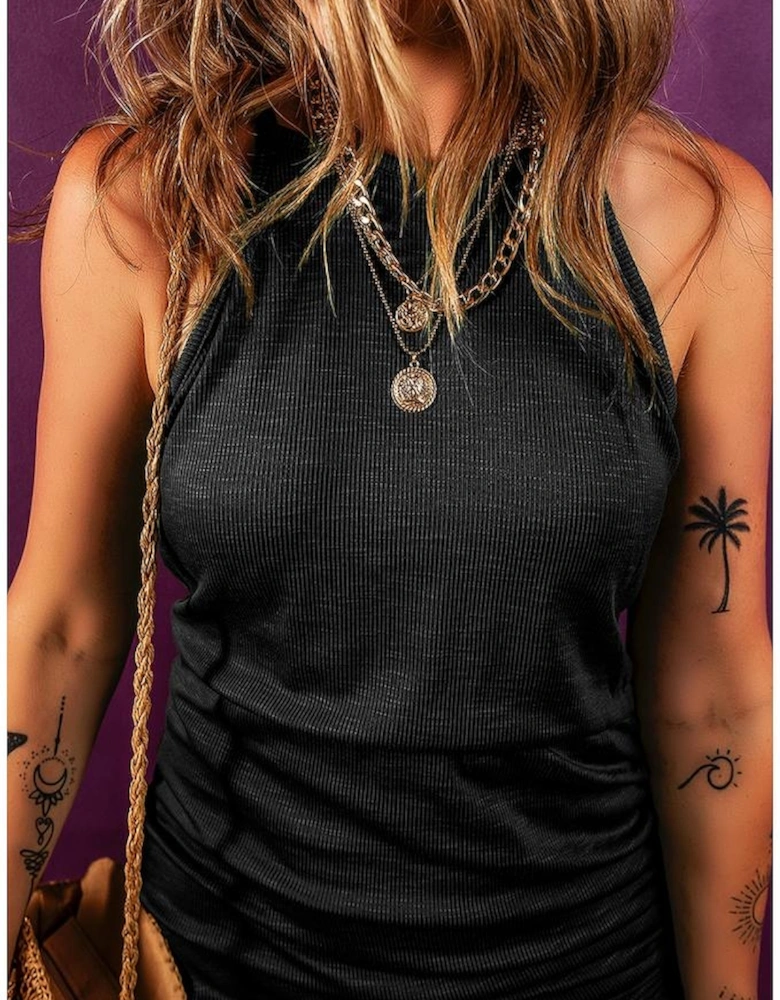 Black Racerback Ribbed Knit Drawstring Bodycon Dress