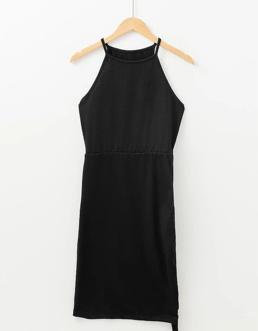 Black Racerback Ribbed Knit Drawstring Bodycon Dress