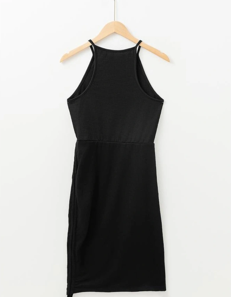 Black Racerback Ribbed Knit Drawstring Bodycon Dress