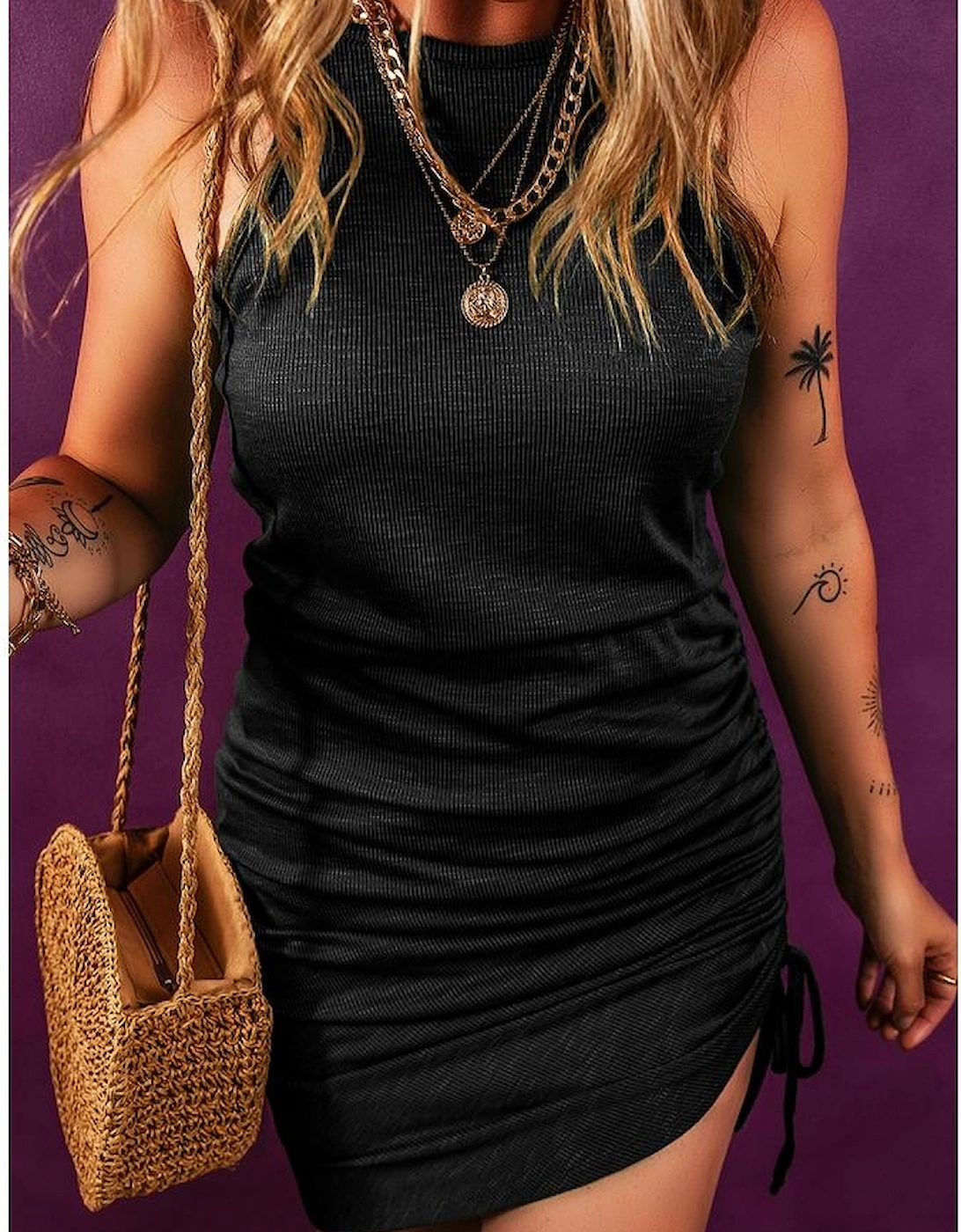 Black Racerback Ribbed Knit Drawstring Bodycon Dress