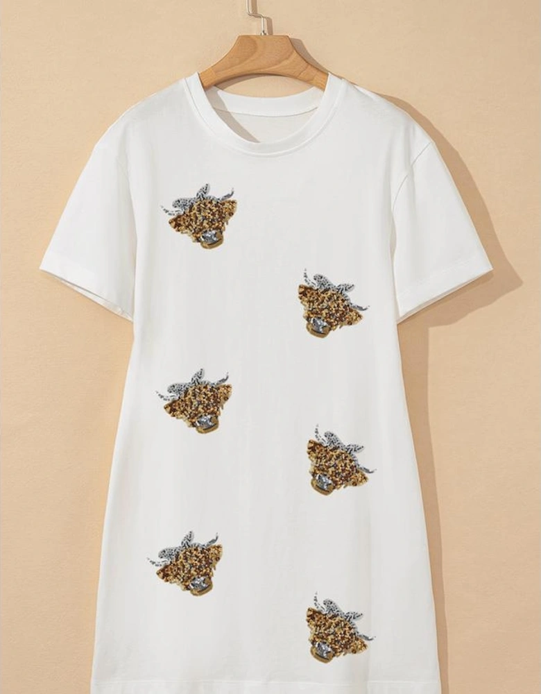 White Cute Heifer Patched Crewneck Shift T Shirt Dress