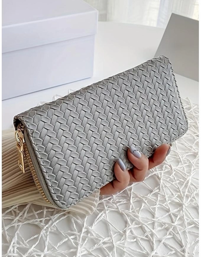 Medium Grey Woven Textured Zip Around Long Wallet
