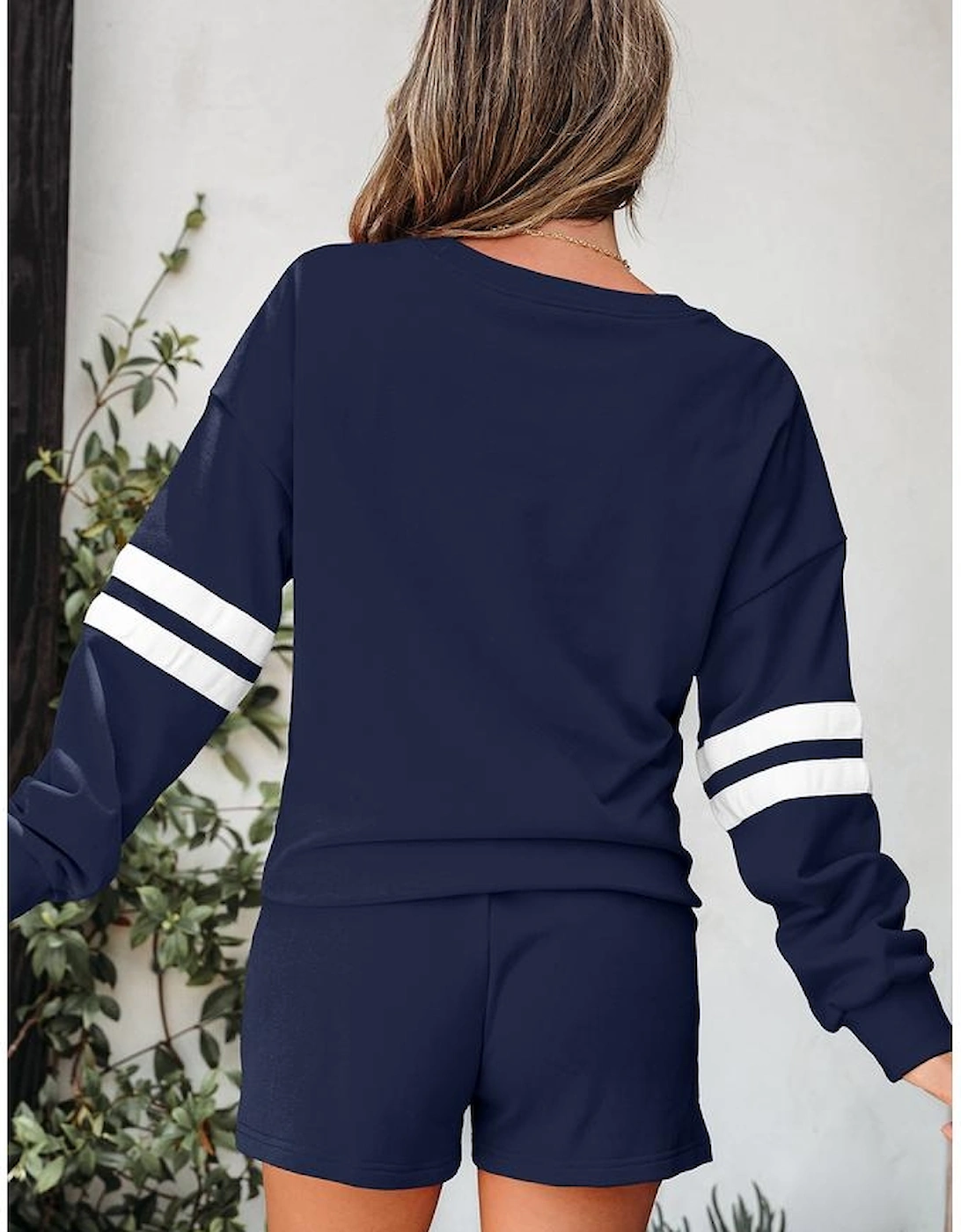 Navy Blue Varsity Striped Sleeve Drop Shoulder Sweatshirt and Short Set, 5 of 4