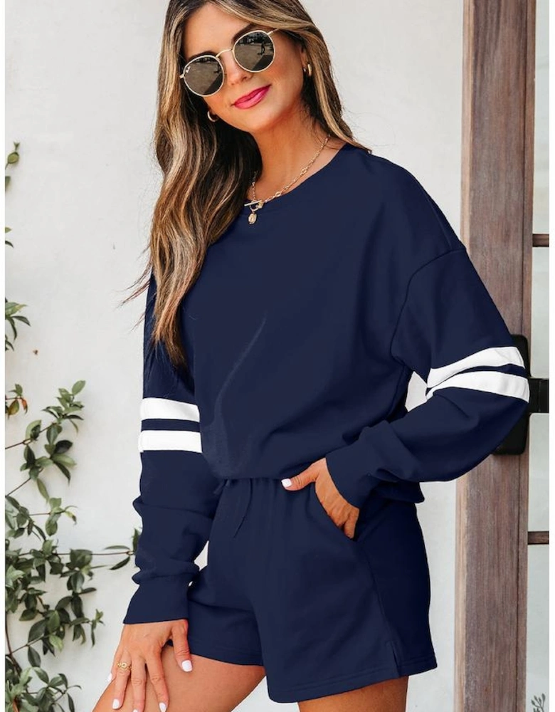 Navy Blue Varsity Striped Sleeve Drop Shoulder Sweatshirt and Short Set
