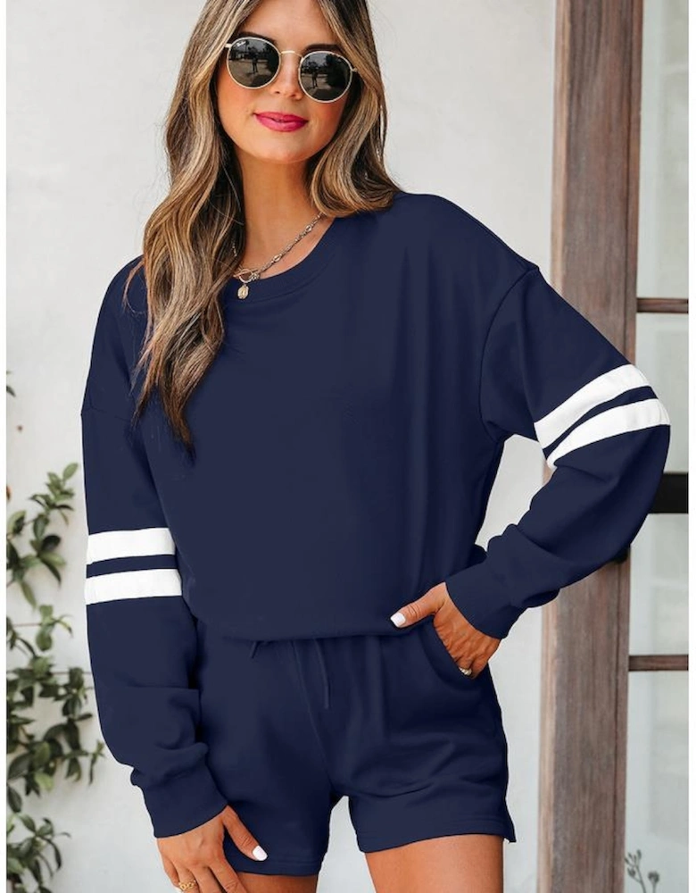 Navy Blue Varsity Striped Sleeve Drop Shoulder Sweatshirt and Short Set